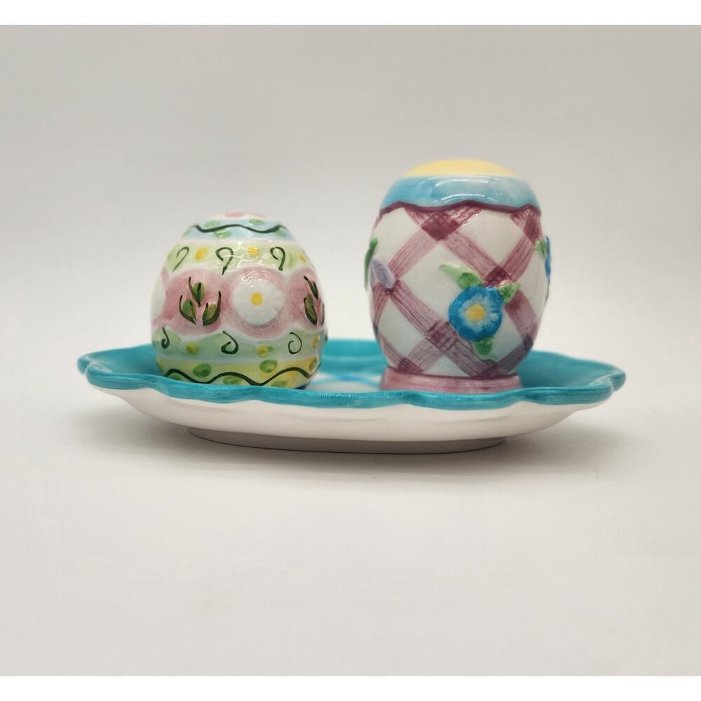 Vintage Handcrafted Lotus Ceramic Floral‎ Salt&Pepper Shakers Tray Spring Easter